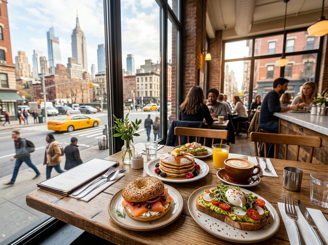A breakfast table in a New York City café with pancakes, bagel with smoked salmon, avocado toast, and coffee, with city street visible through large windows.