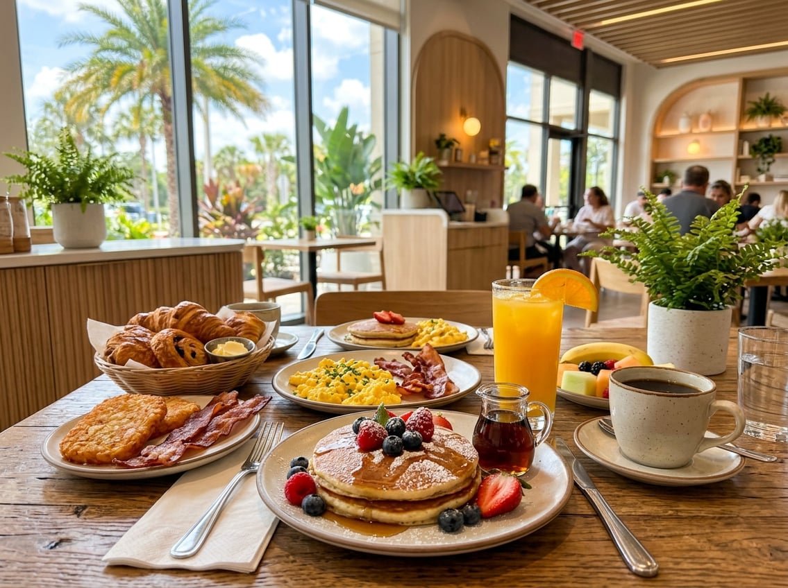 A breakfast table with pancakes, eggs, bacon, hash browns, croissants, orange juice, and coffee in a bright café with palm trees visible outside.