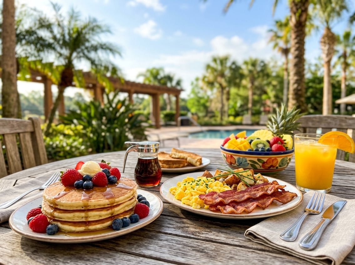 A breakfast table outdoors with pancakes, eggs, bacon, tropical fruit, and orange juice under a sunny sky with palm trees.