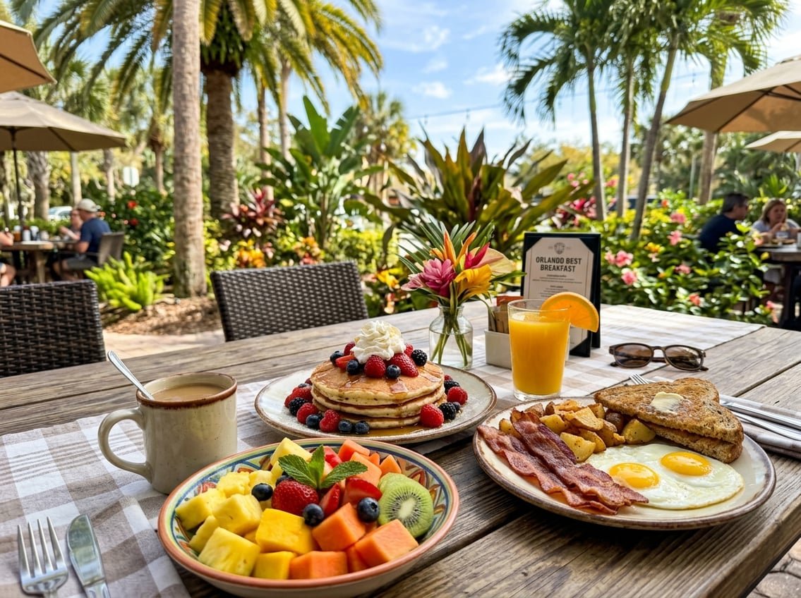 A table set outdoors with various breakfast dishes including pancakes with berries, eggs and bacon, a tropical fruit bowl, coffee, and orange juice, with palm trees in the background.