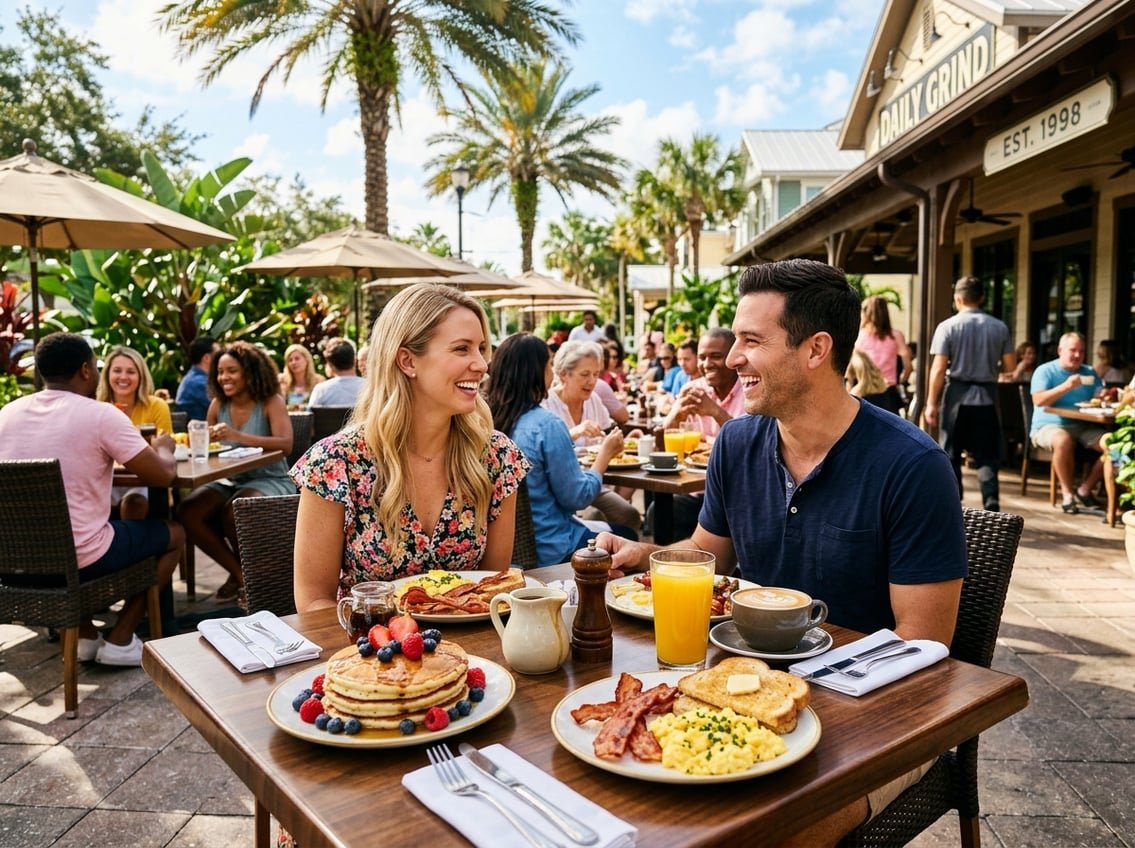 Outdoor café table with breakfast dishes like pancakes, eggs, bacon, and orange juice under palm trees on a sunny day.