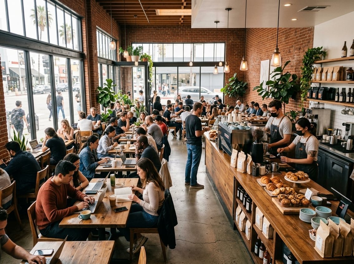 A busy coffee shop interior with customers sitting at tables, baristas making coffee, and sunlight streaming through large windows.