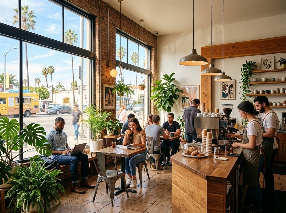 Interior of a busy coffee shop with baristas making drinks and customers sitting at tables, with sunlight and palm trees visible outside.