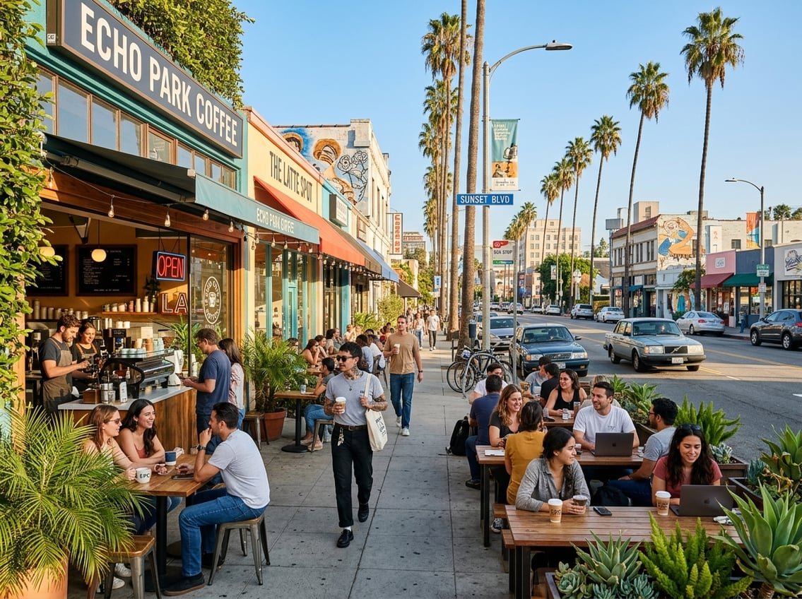 A busy street in Los Angeles with several coffee shops, outdoor seating, and people enjoying coffee on a sunny day.