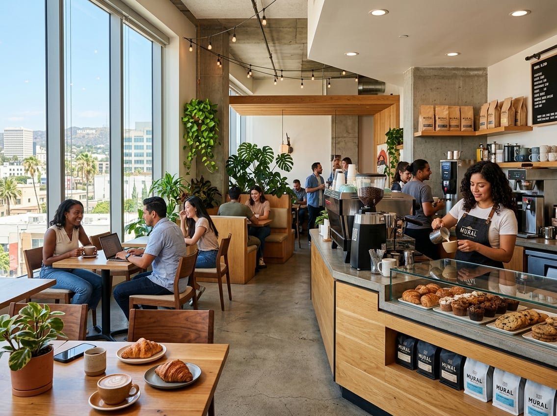 Inside a busy coffee shop with customers enjoying coffee, a barista making espresso, and sunlight coming through large windows.