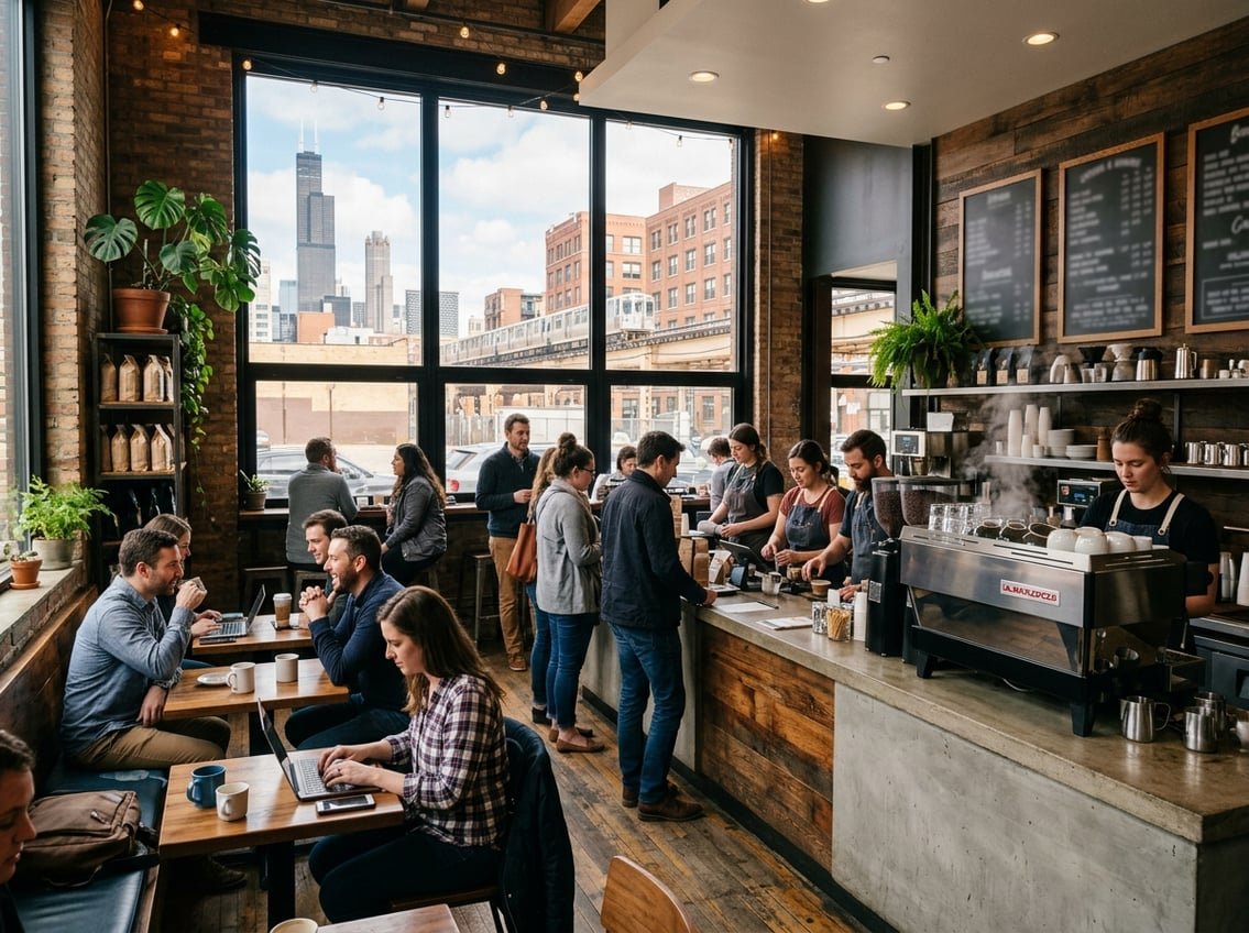 Interior of a busy coffee shop in Chicago with people enjoying coffee, baristas making drinks, and large windows showing city buildings outside.