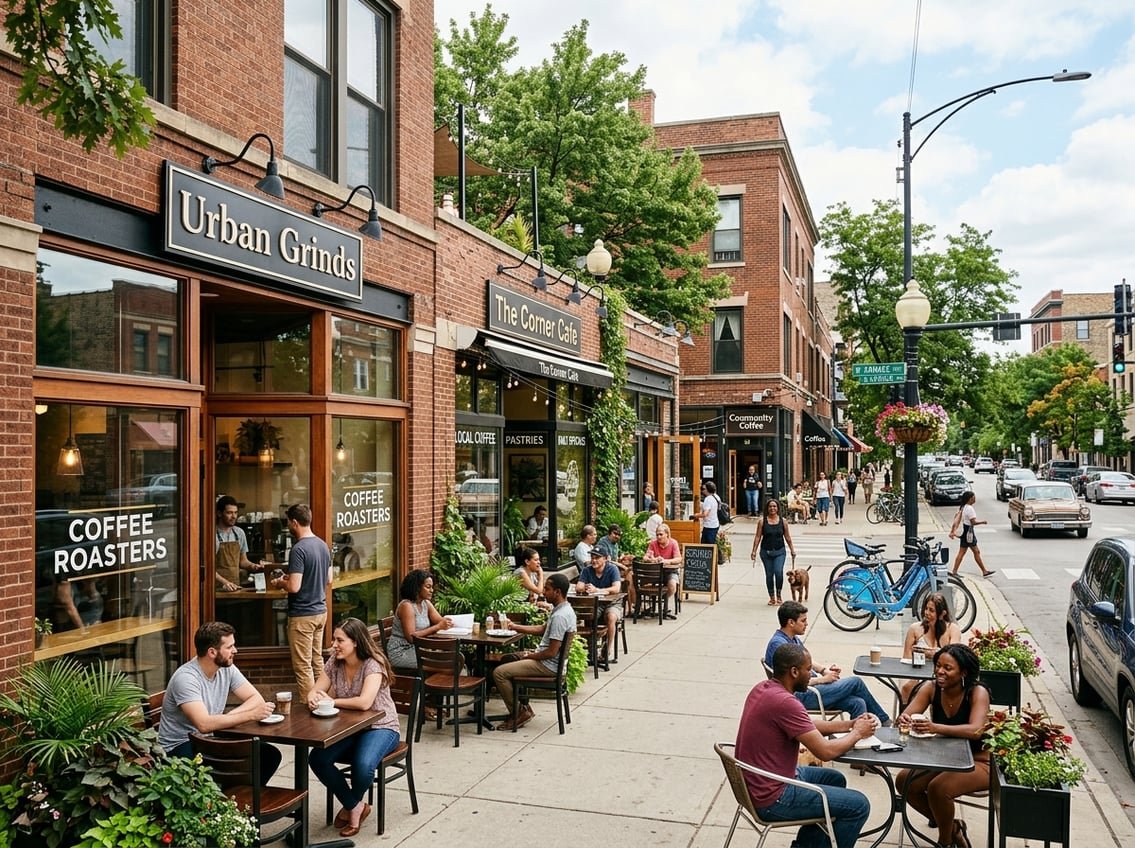 A lively Chicago street with coffee shops, outdoor seating, and people enjoying their drinks under trees and bright daylight.