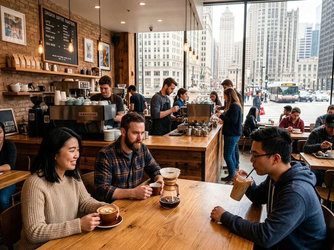 Inside a busy coffee shop with baristas making coffee and customers enjoying various coffee drinks, with a city street visible through large windows.