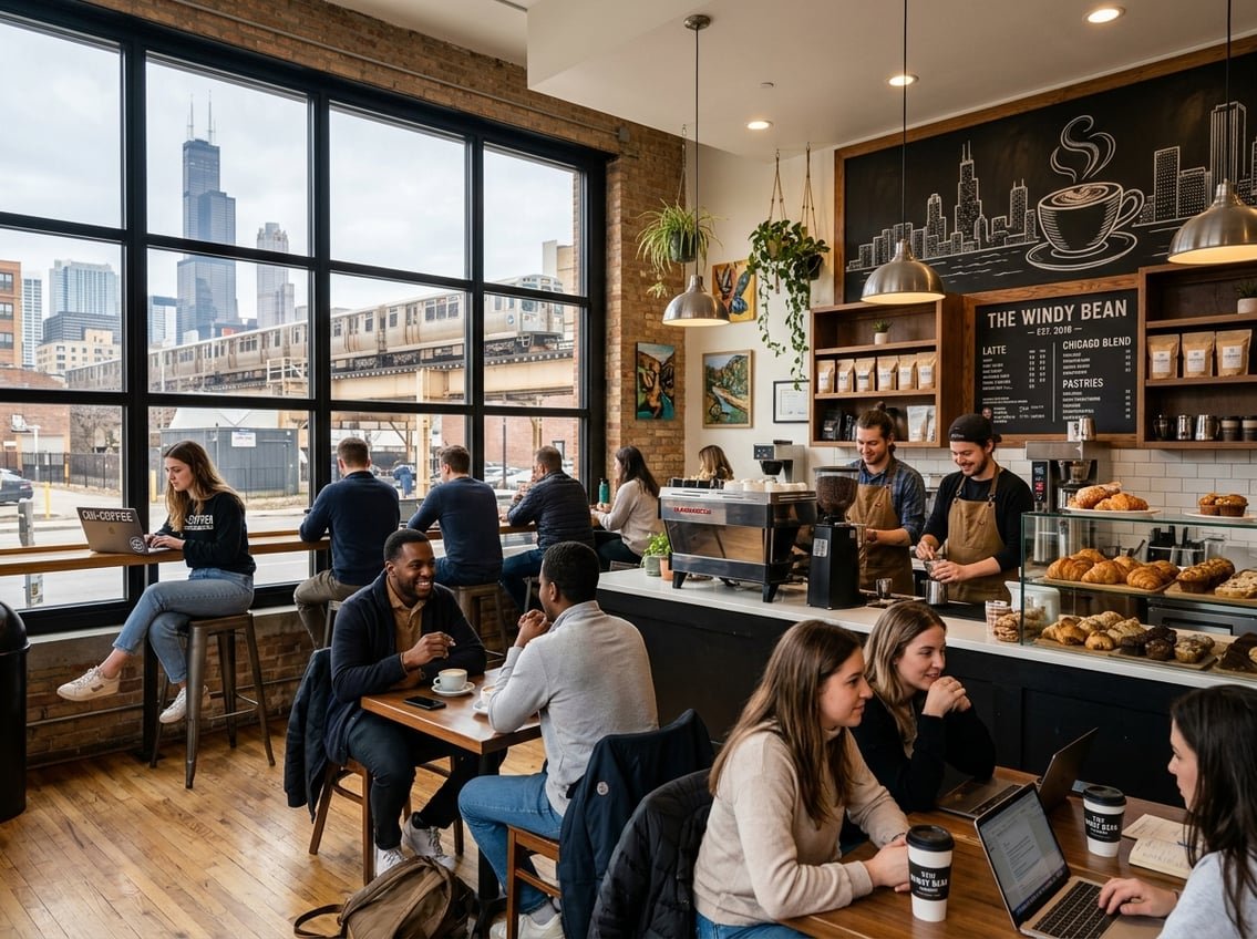 Interior of a busy Chicago coffee shop with customers enjoying coffee and baristas preparing drinks.