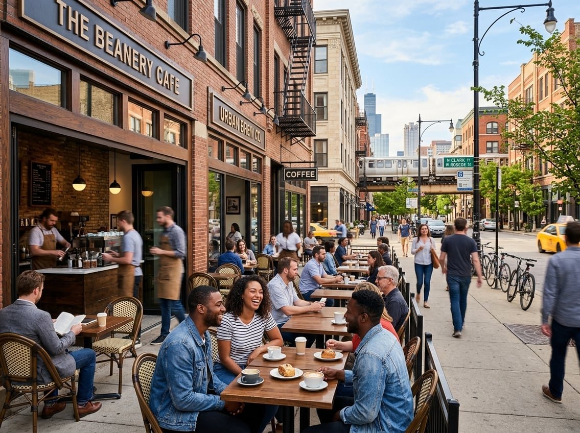 People enjoying coffee outside cafes on a busy Chicago street with buildings and trees in the background.