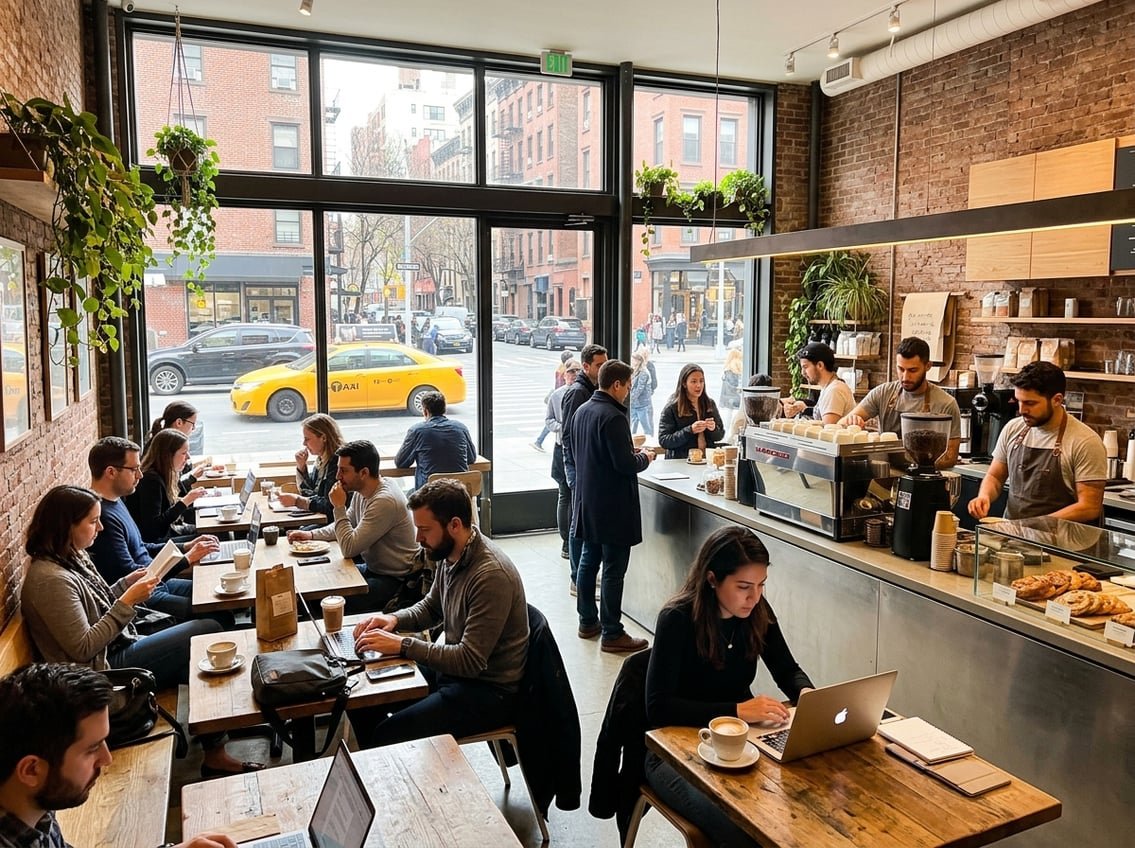 A busy New York City coffee shop interior with people drinking coffee and working, large windows showing city street with yellow taxis outside.