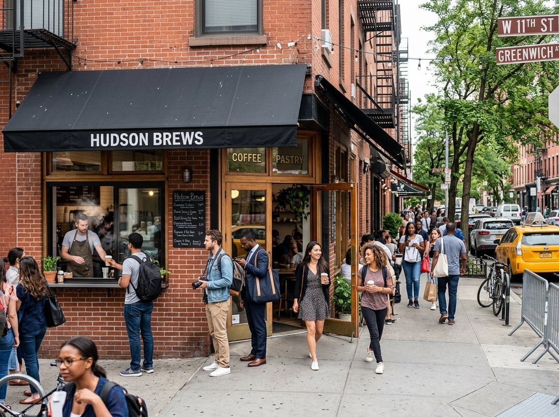 People enjoying coffee outside a busy New York City coffee shop on a city street.