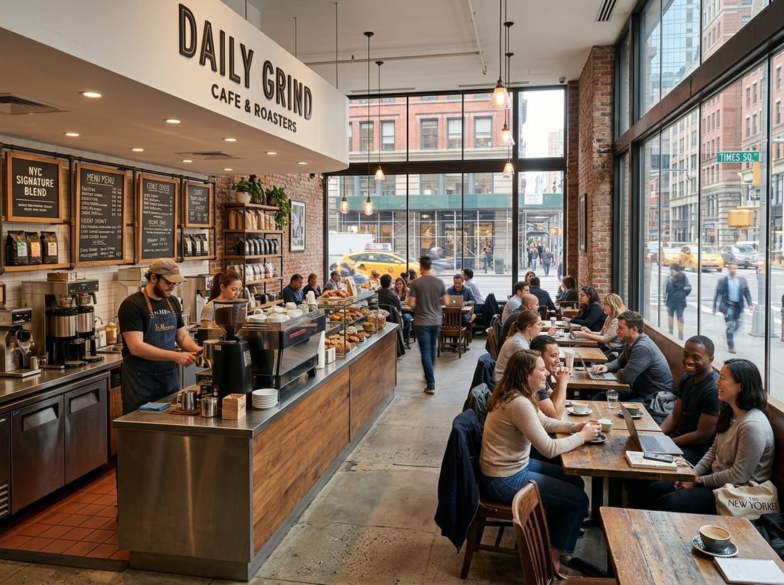 Interior of a busy New York City coffee shop with customers, baristas, and coffee brewing equipment.