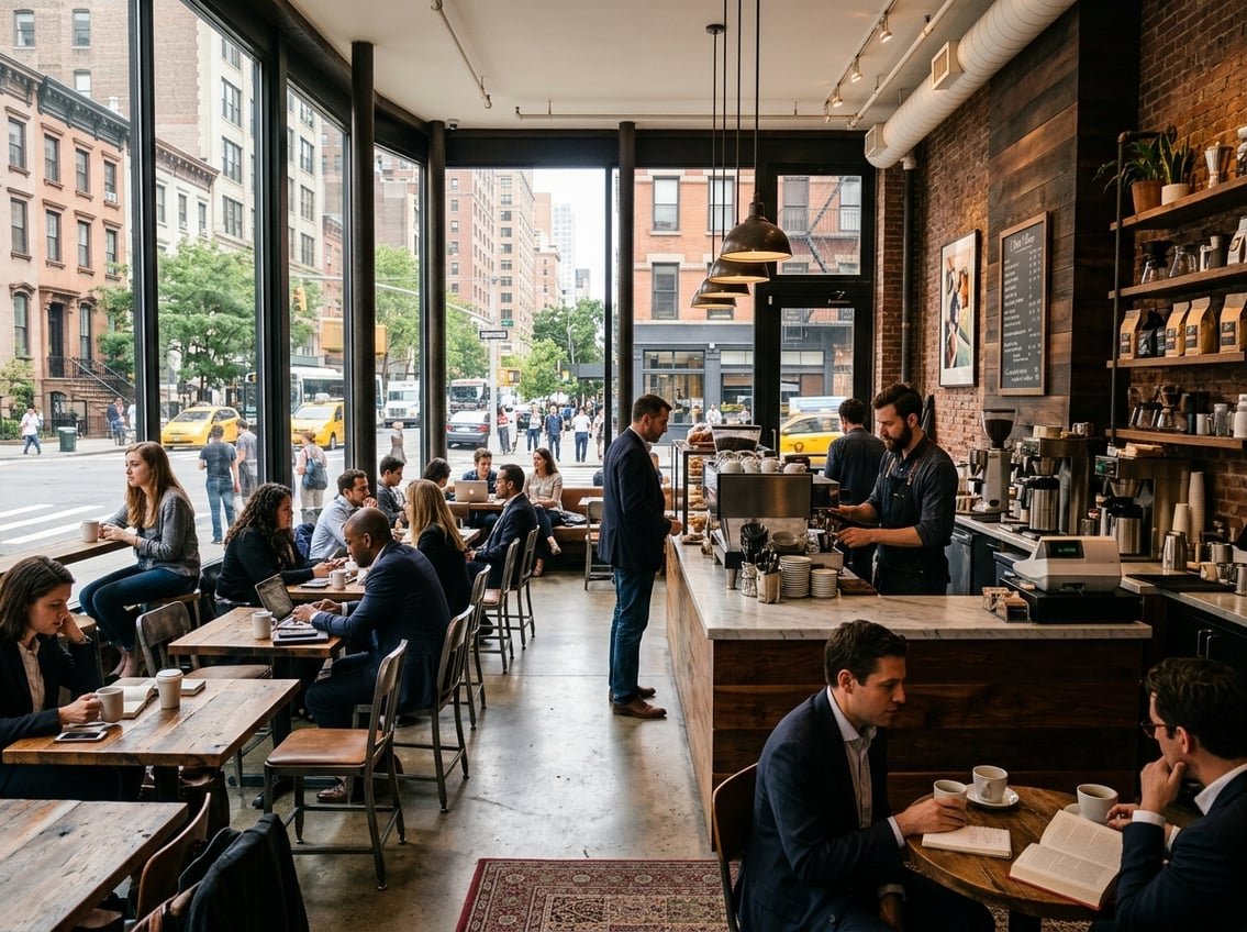 Interior of a New York City coffee shop with a barista preparing espresso and large windows showing a busy street outside.