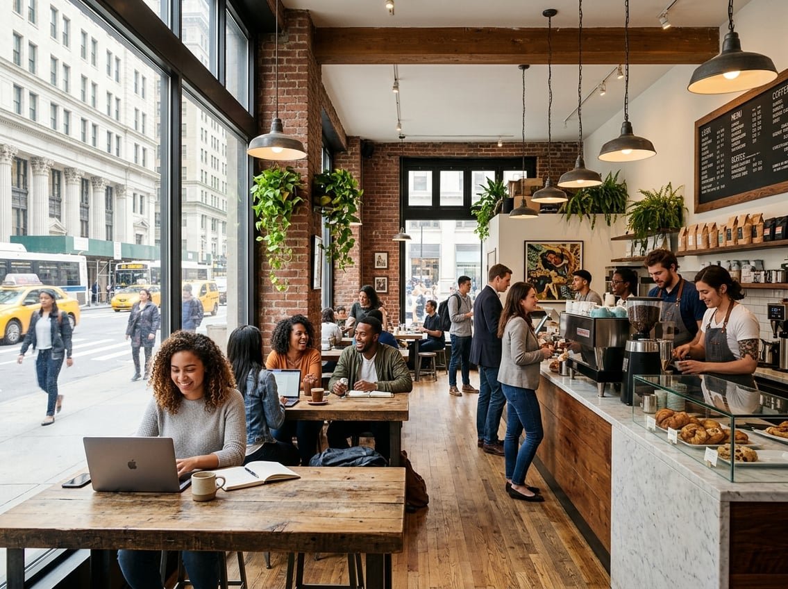 Interior of a busy New York City coffee shop with customers enjoying coffee and baristas preparing drinks behind the counter.