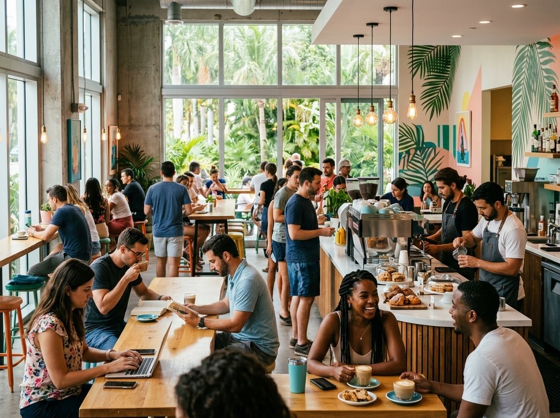 People enjoying coffee inside a bright, modern Miami coffee shop with large windows and tropical plants.