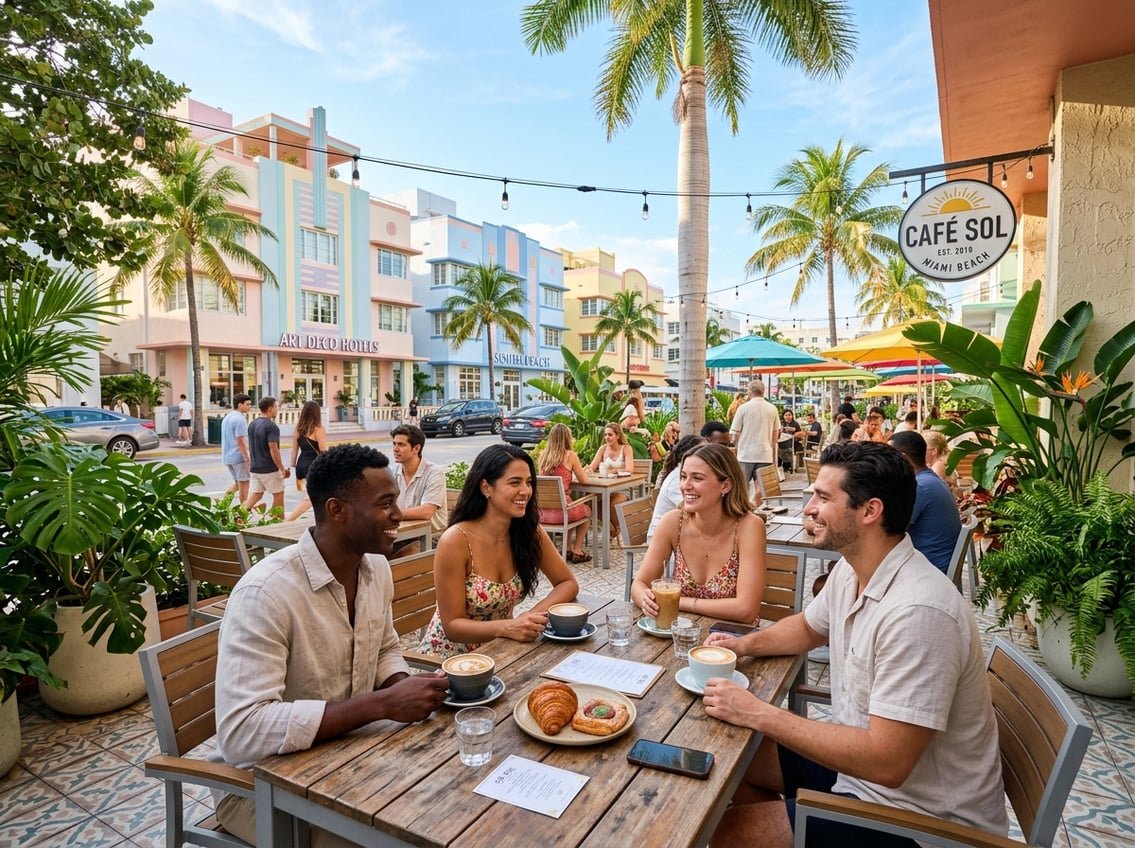 People enjoying coffee at an outdoor Miami coffee shop with palm trees and colorful buildings in the background.