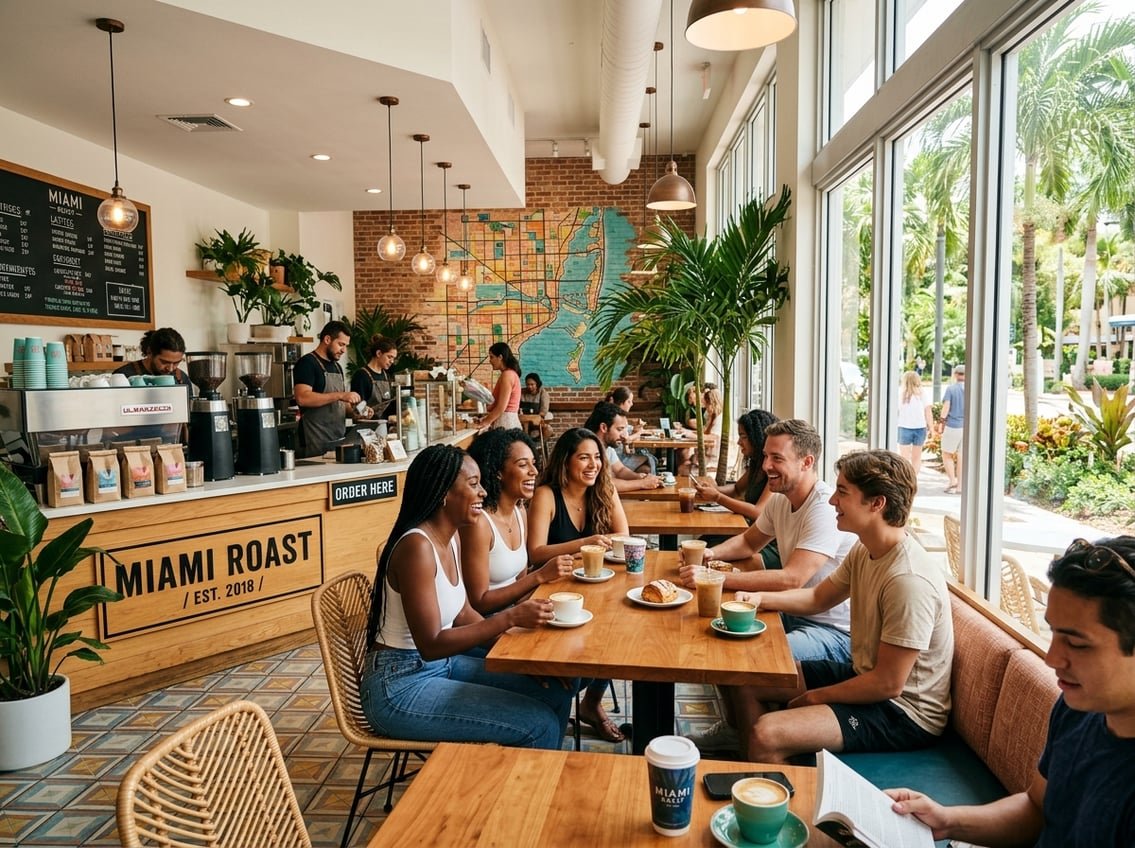 Interior of a bright and modern coffee shop with people enjoying coffee and baristas preparing drinks, surrounded by tropical plants visible through large windows.