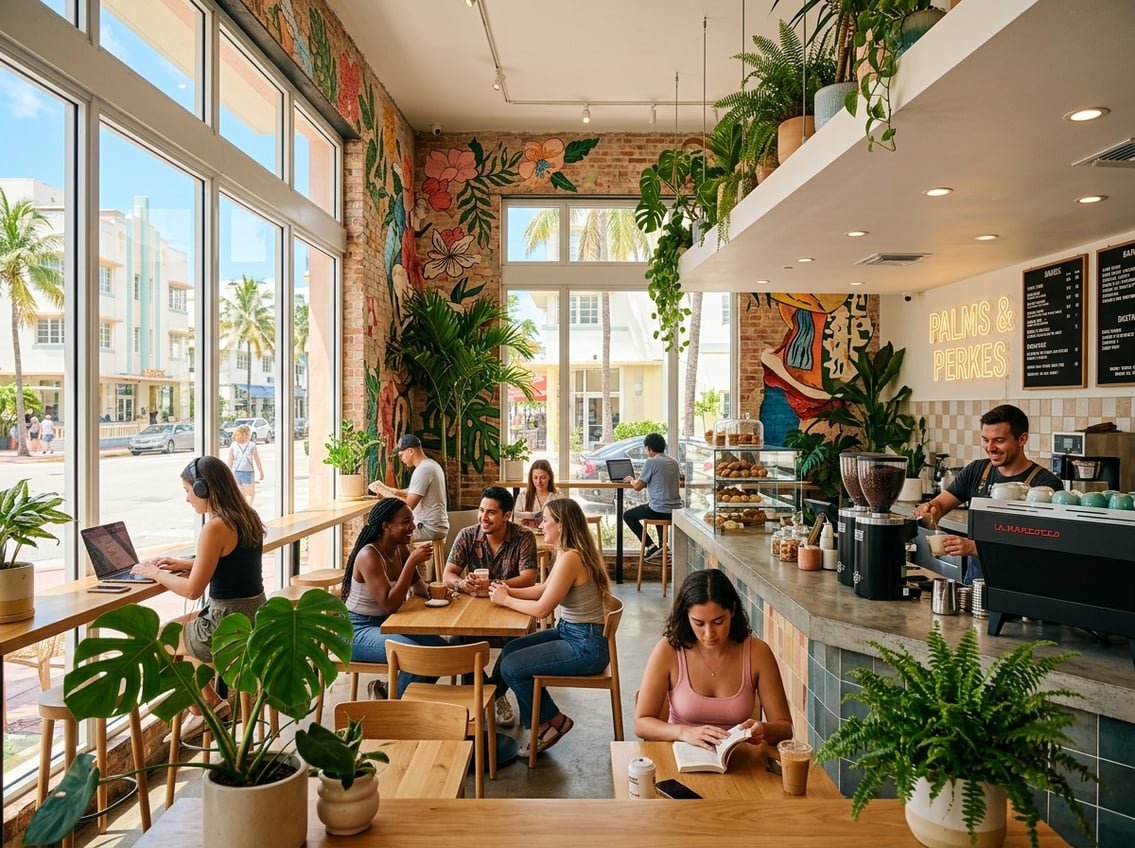 Interior of a Miami coffee shop with people enjoying coffee, working, chatting, and reading, surrounded by plants and sunlight.