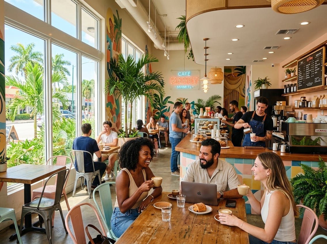 People enjoying coffee in a bright, modern Miami coffee shop with large windows and tropical plants.