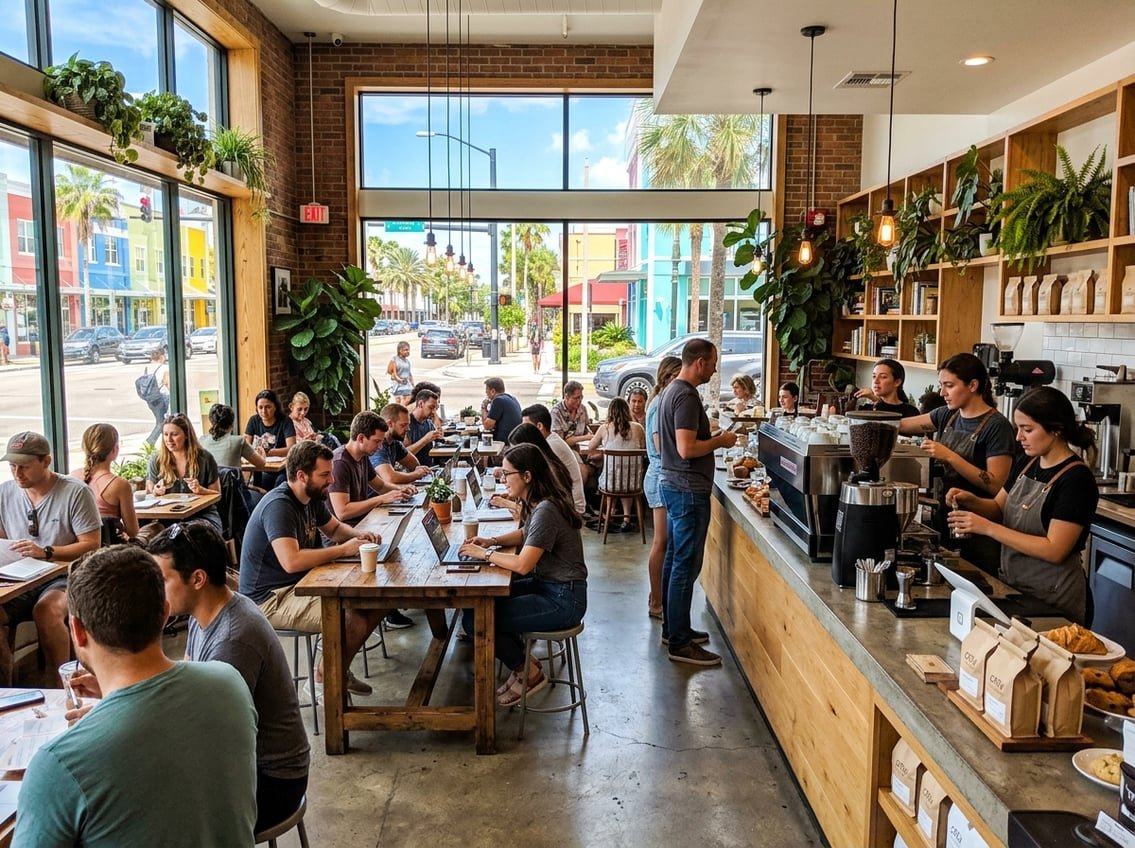 Interior of a busy Orlando coffee shop with people enjoying coffee and working, bright natural light, and a view of palm trees outside.