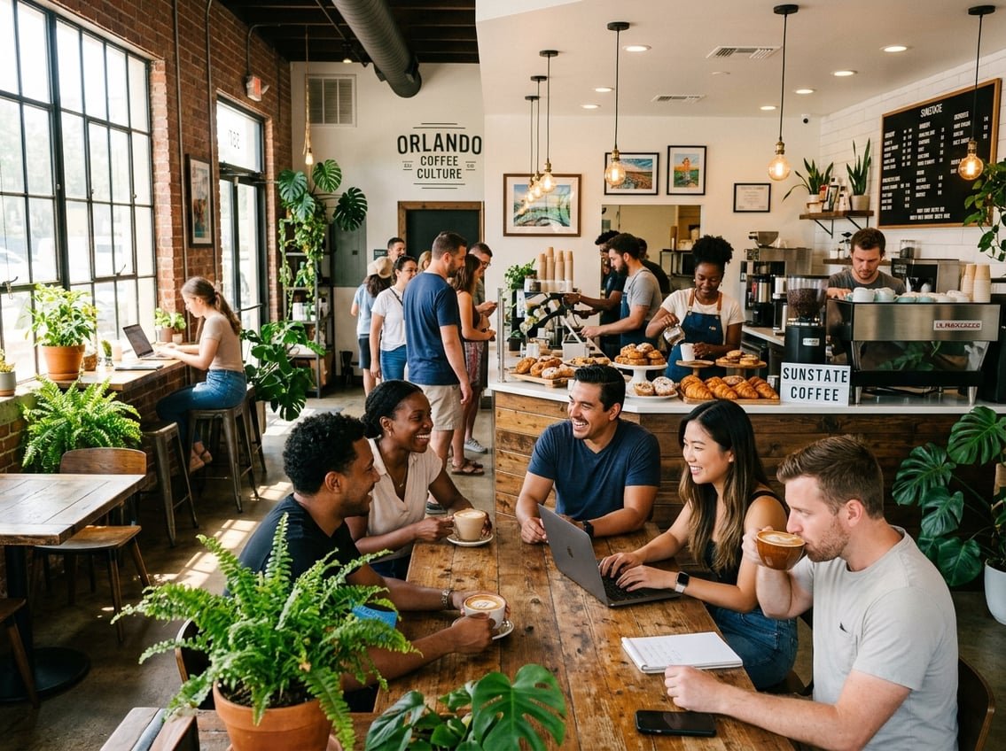 People enjoying coffee inside a bright and cozy Orlando coffee shop with baristas preparing drinks behind the counter.
