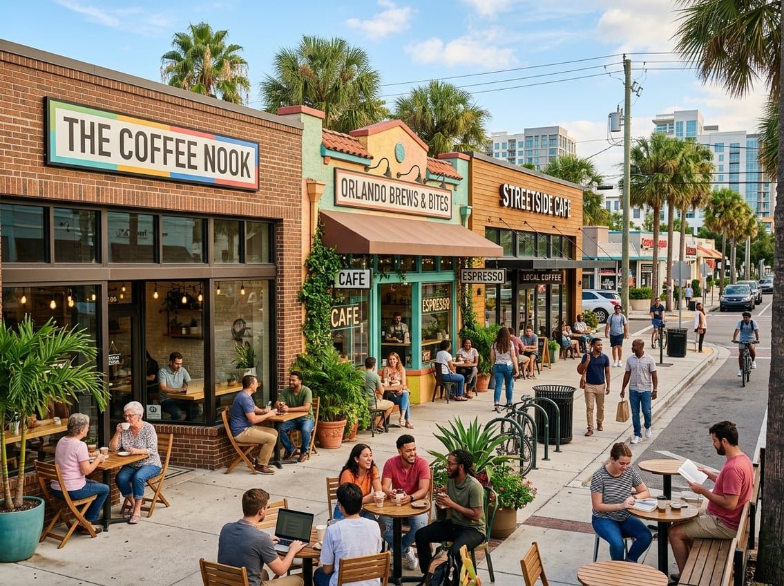 Street view of several coffee shops in Orlando with outdoor seating and people enjoying coffee on a sunny day.