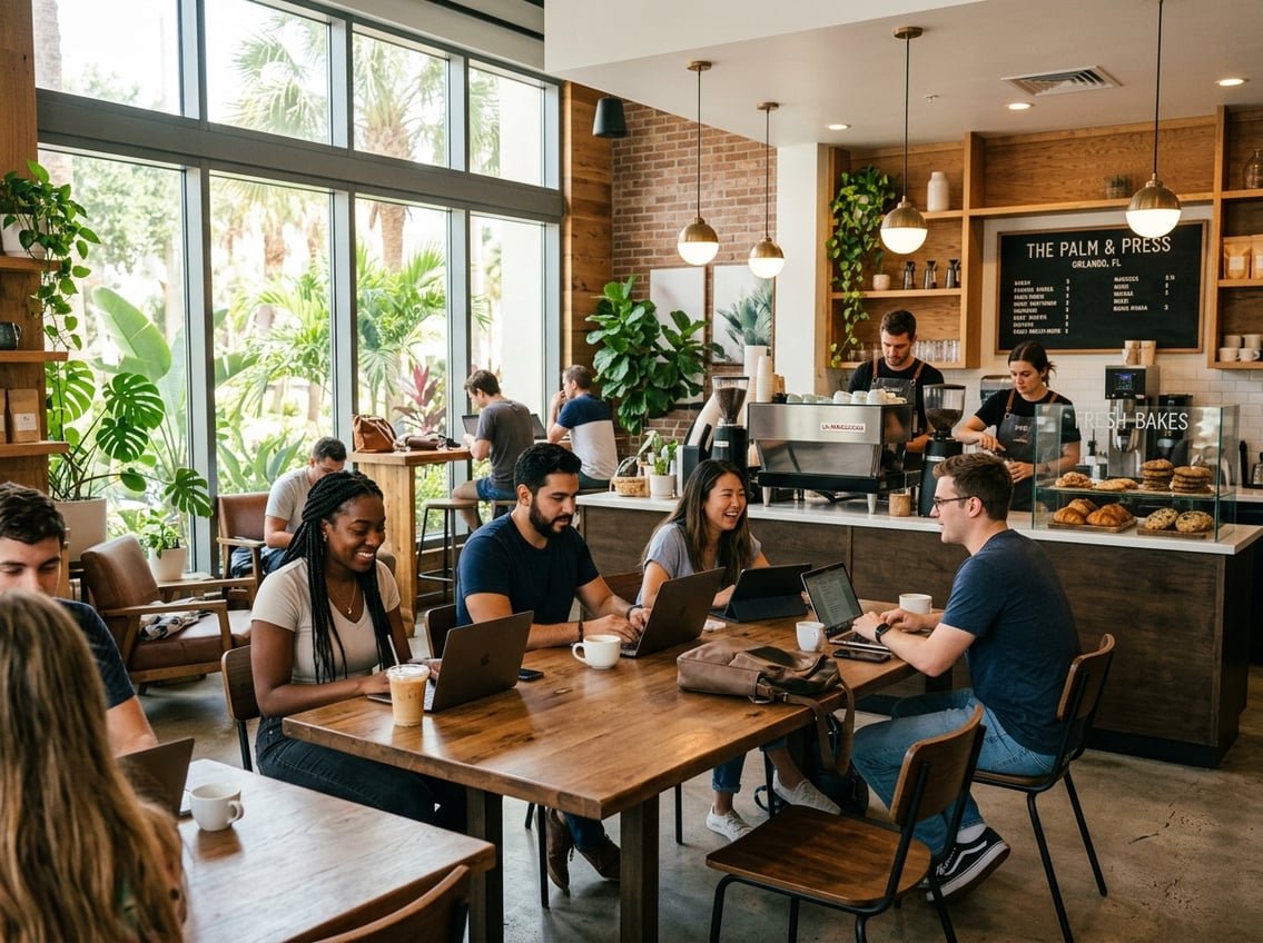 People sitting and working in a bright coffee shop with large windows and plants.