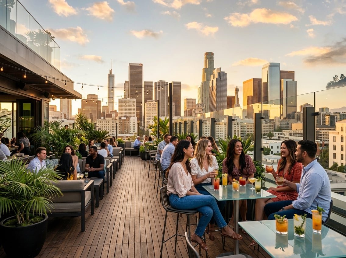 People enjoying drinks and socializing at a rooftop bar with the Los Angeles skyline in the background during sunset.