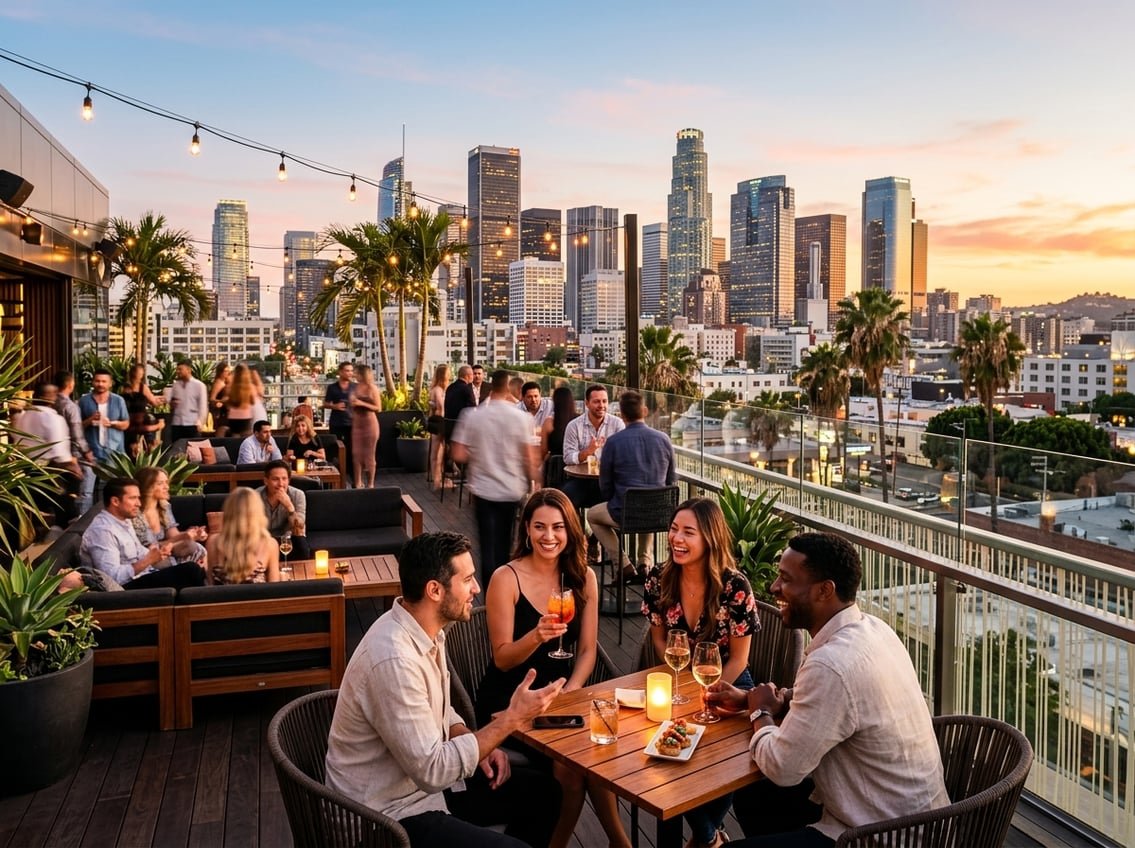 A rooftop bar in Los Angeles with people enjoying drinks and city skyline in the background during sunset.