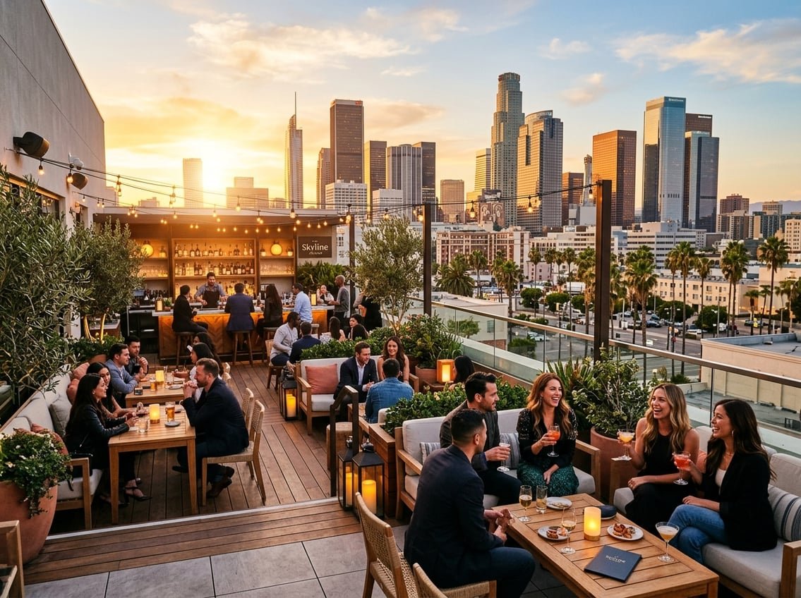 People enjoying drinks and socializing on a rooftop bar with a view of the Los Angeles skyline at sunset.