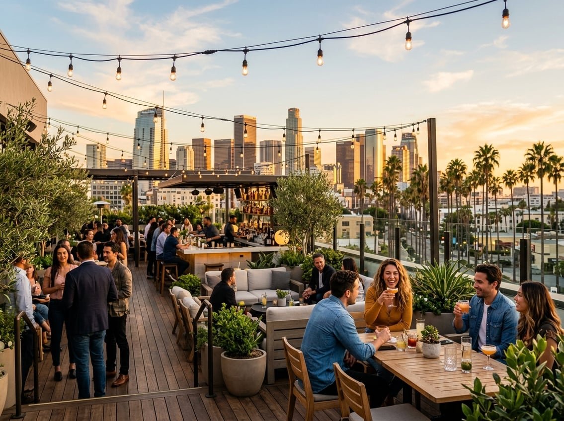 People enjoying drinks and socializing at a rooftop bar with the Los Angeles skyline and palm trees in the background during sunset.
