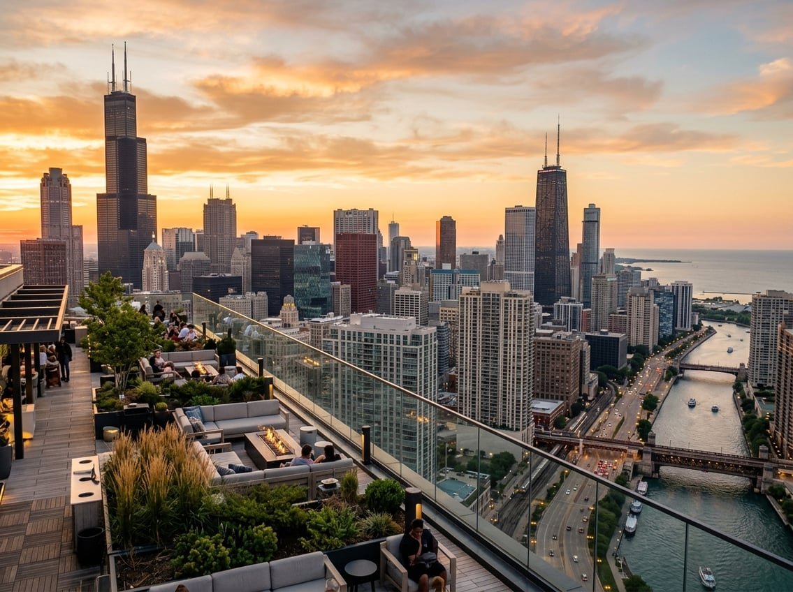 Rooftop terrace overlooking the Chicago skyline with tall buildings and a warm sunset sky.