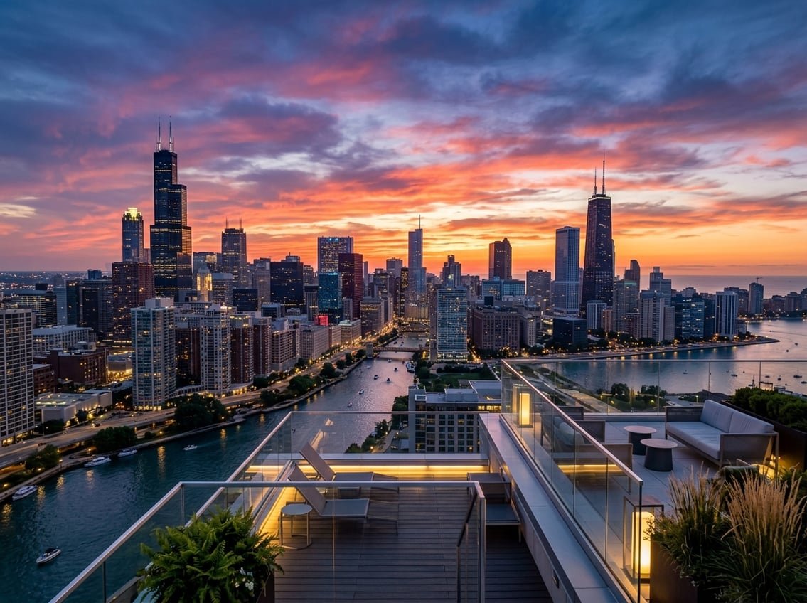 Panoramic view of Chicago skyline from a rooftop at sunset showing tall buildings and the river below.