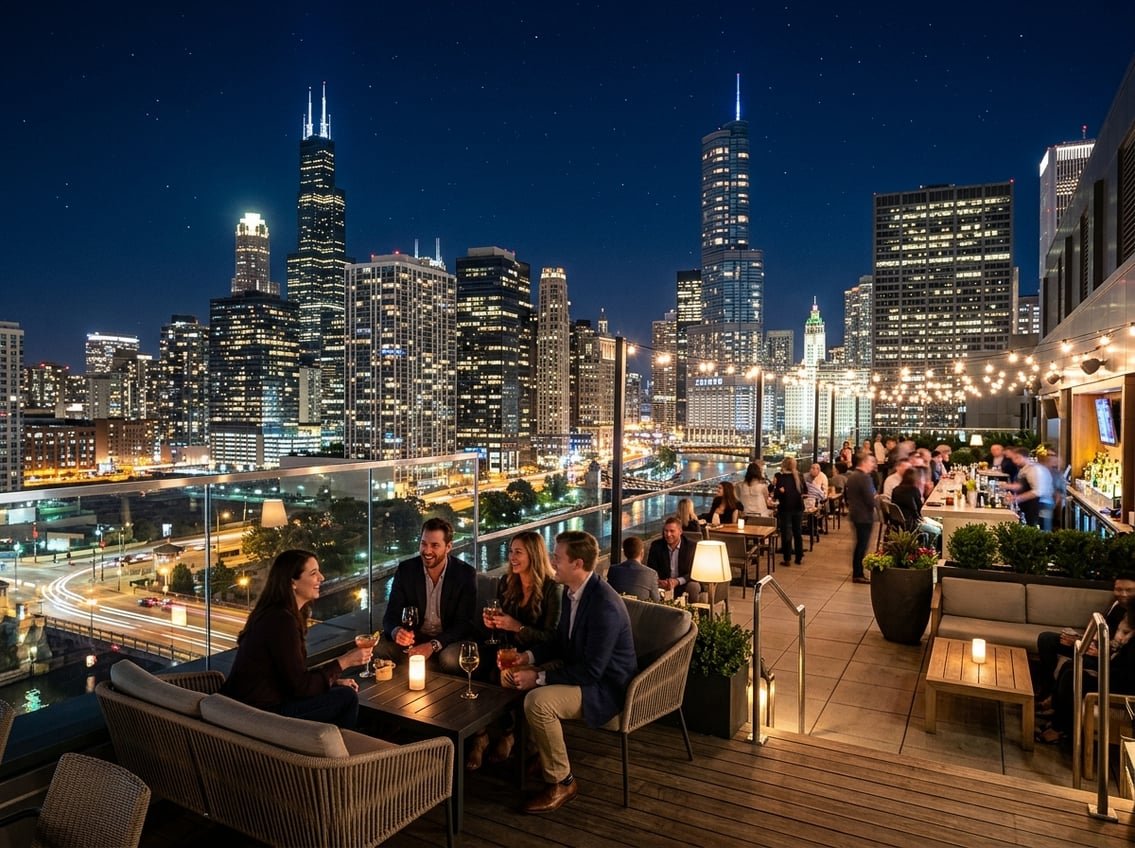 Nighttime view of Chicago's illuminated skyline from a rooftop with people enjoying the evening.