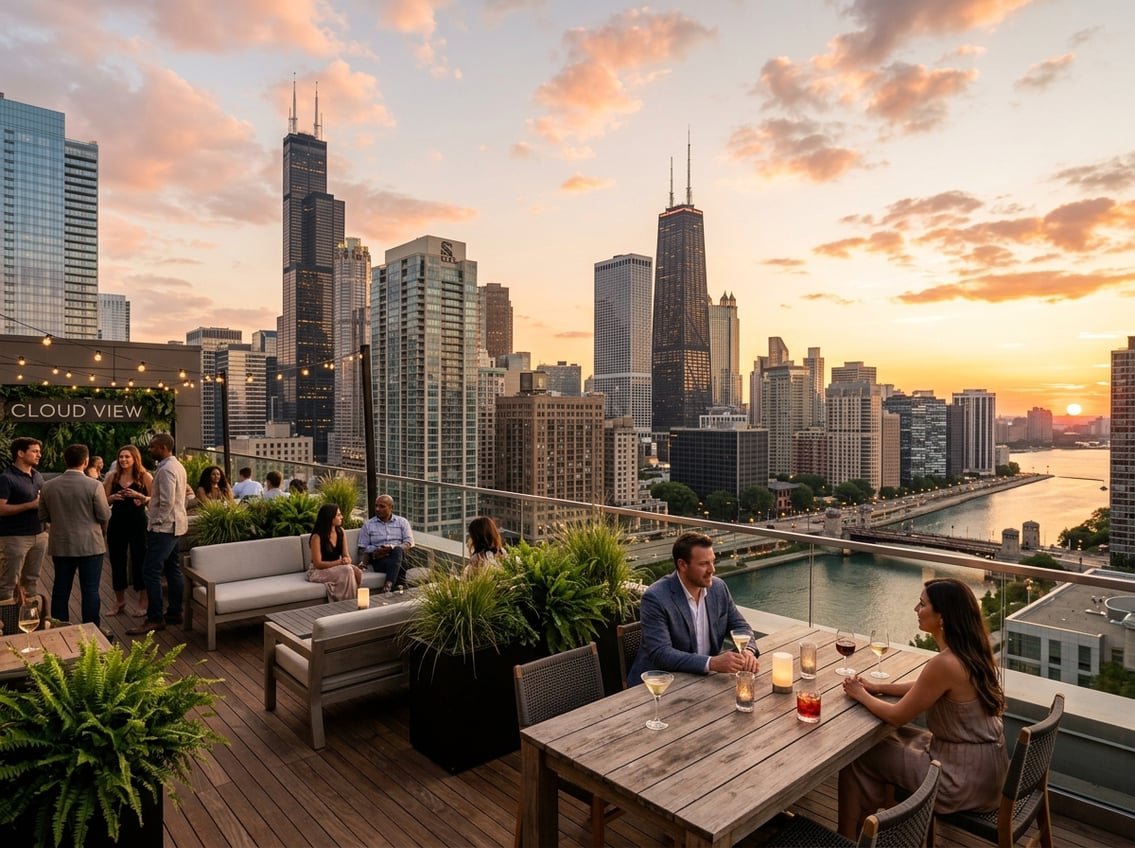 A rooftop terrace overlooking the Chicago skyline at sunset with tall buildings and a colorful sky.