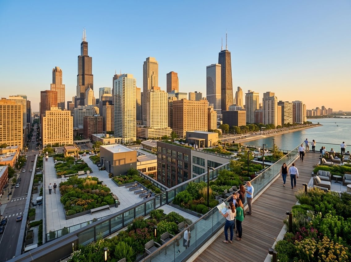 Panoramic view of Chicago's skyline from a rooftop showing rooftops, walking paths, and iconic skyscrapers under a clear sky.