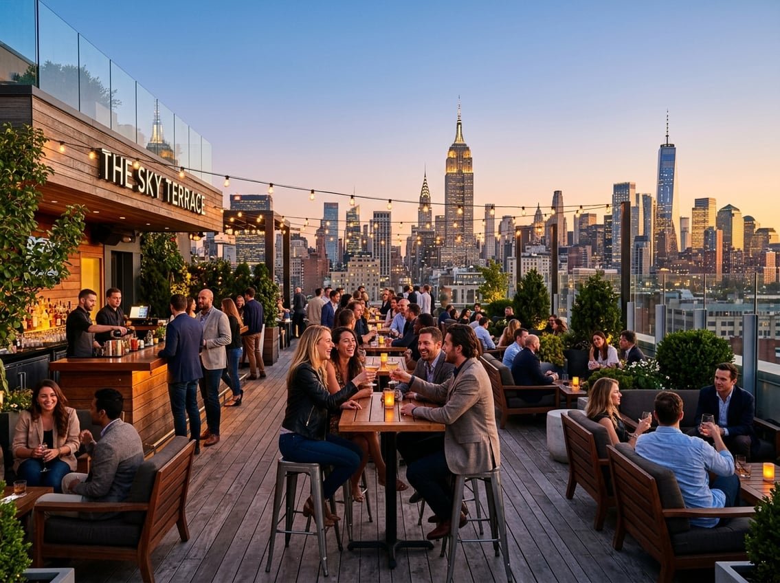 People enjoying drinks and socializing on a rooftop bar with a view of the New York City skyline at sunset.