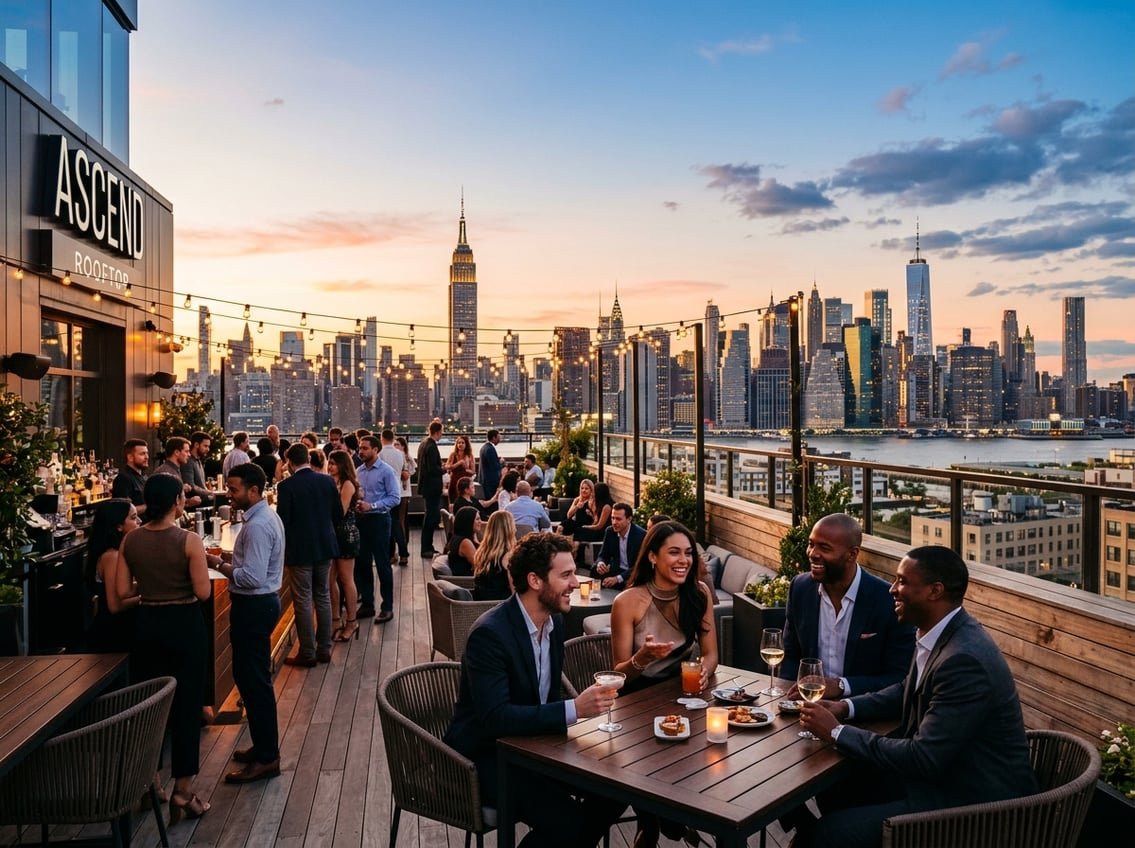 People enjoying drinks and socializing at a rooftop bar with a panoramic view of the New York City skyline at sunset.