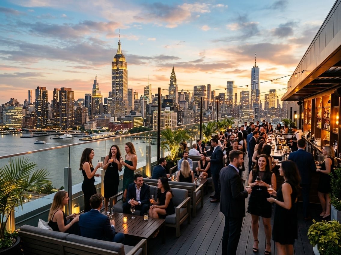 People enjoying drinks on a rooftop terrace overlooking the New York City skyline at sunset.