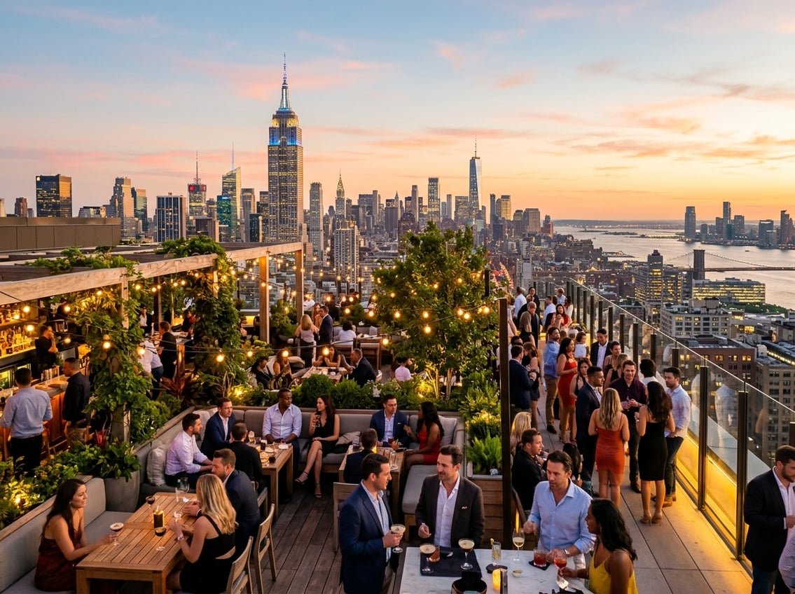 People enjoying drinks and socializing at a rooftop bar with the New York City skyline in the background during sunset.