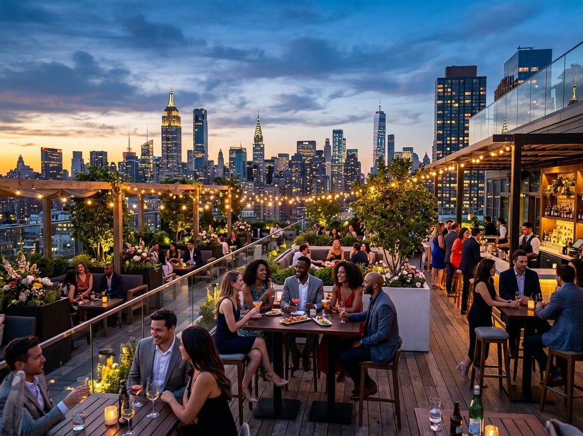 People socializing on a rooftop bar with the New York City skyline visible at sunset.