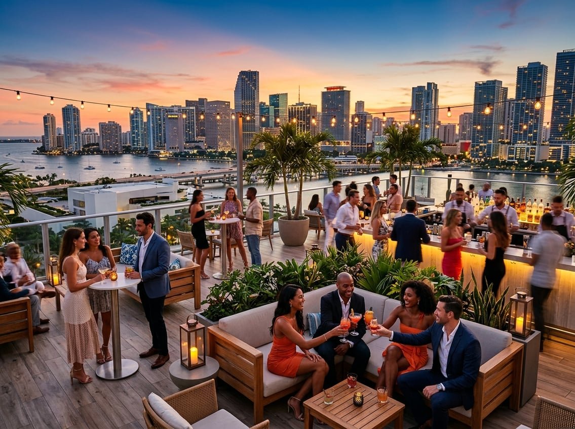 People enjoying drinks and socializing on a rooftop terrace overlooking the Miami skyline at sunset.
