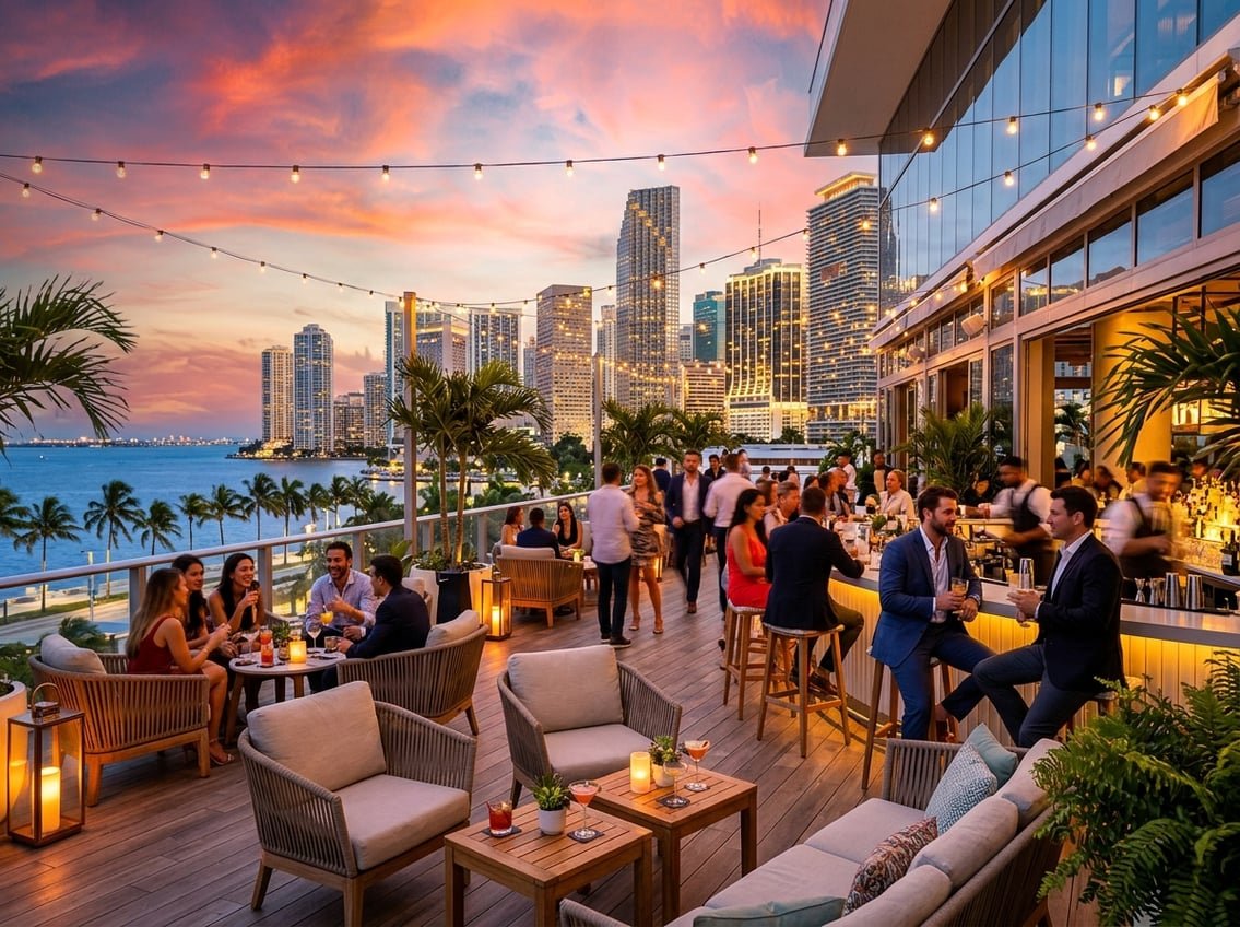 People enjoying drinks and socializing at a rooftop bar overlooking the Miami city skyline at sunset.