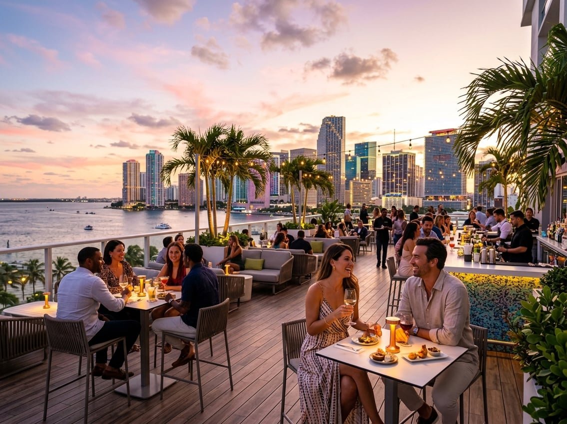 People enjoying drinks on a rooftop terrace overlooking the Miami skyline at sunset.