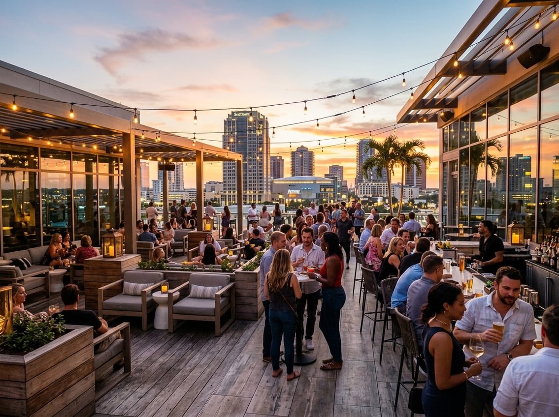 People enjoying drinks and socializing on a rooftop terrace overlooking the Orlando city skyline at sunset.