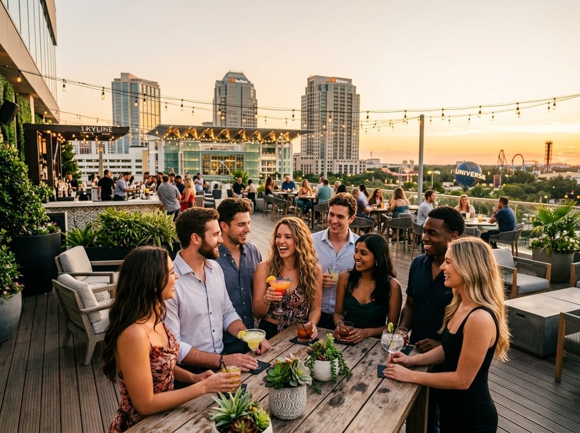 People enjoying drinks on a rooftop bar with city skyline views at sunset.