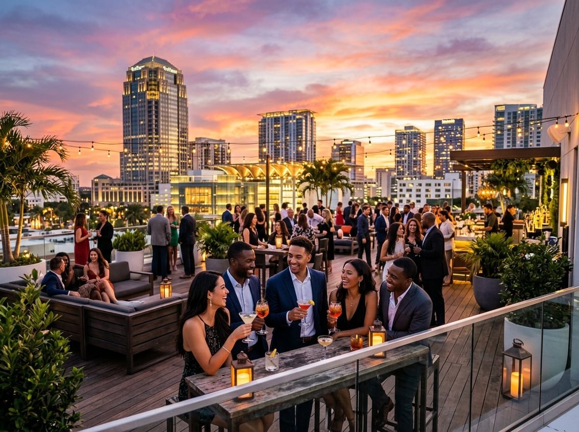 People enjoying drinks and socializing on a rooftop bar with a city skyline visible at sunset.