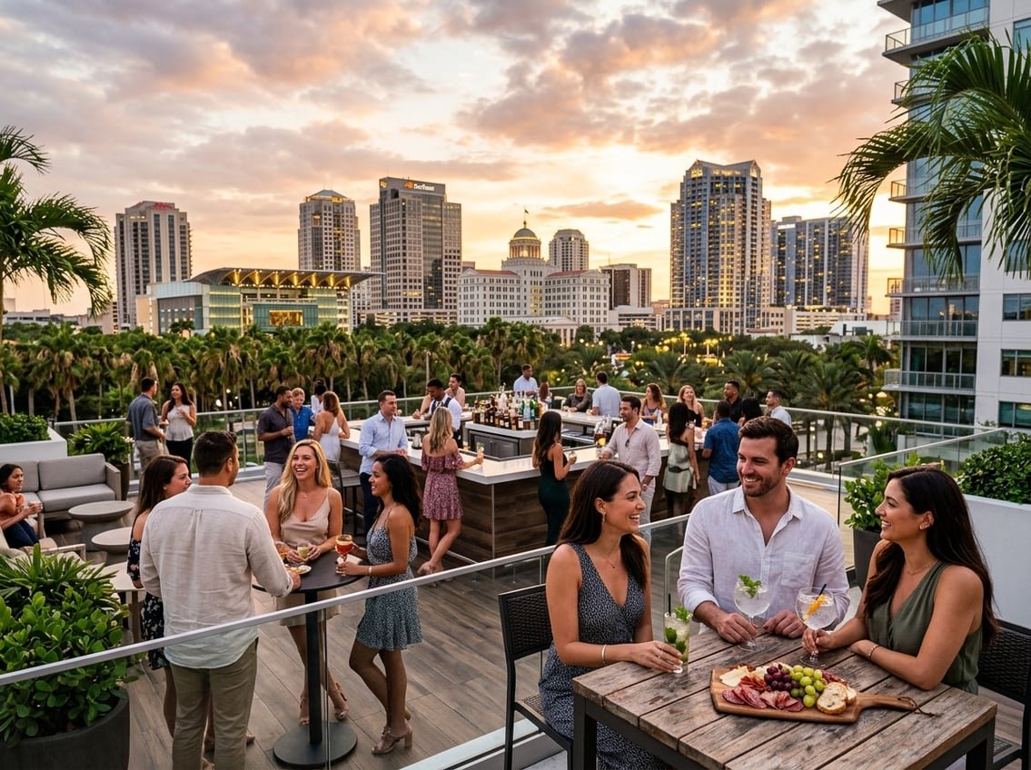 People enjoying drinks and socializing on a rooftop bar terrace overlooking the Orlando city skyline at sunset.