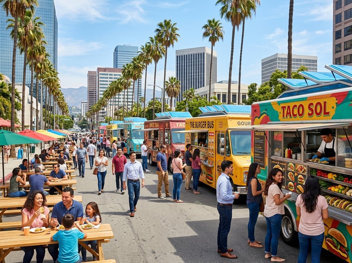A sunny street in Los Angeles with several food trucks serving customers and people enjoying meals outdoors.